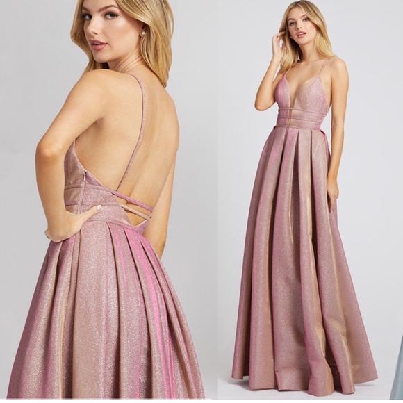Mac Duggal pleated pink metallic shimmery evening gown - Picture 3 of 9